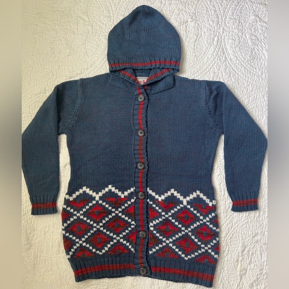 Blue Hooded Cardigan with Red and White Pattern - Made in Peru
